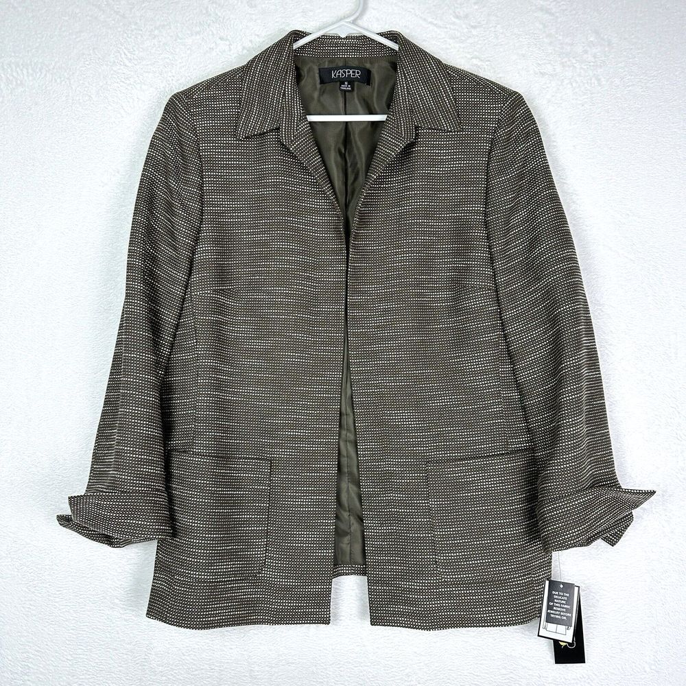 Kasper Open Front Blazer Jacket NWT Womens 16 Brown White Pockets Lined